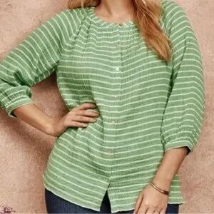 J. Jill Green 3/4 Sleeve 100% Cotton Green & White Striped Button Blouse Size
M